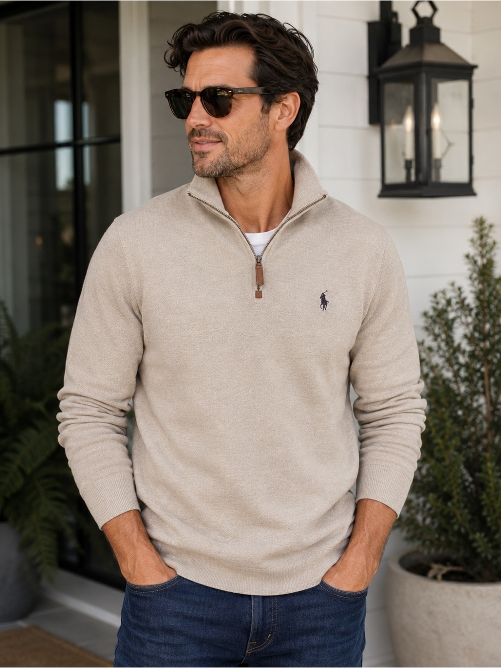 Polo by Ralph Lauren Men’s Beige Quarter‑Zip Sweater